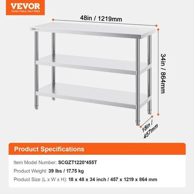 Alt view image 7 of 14 - VEVOR Stainless Steel Food Prep Table, 18 x 48 x 34 Inch Commercial Kitchen Worktable, with 2 Adjustable Undershelf, Heavy Duty Prep Table Metal Work Table for BBQ, Kitchen, Home, and Garage