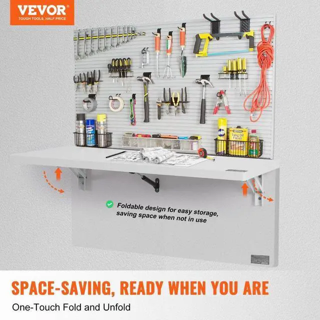 Alt view image 2 of 7 - VEVOR  Wall Mounted Folding Table, 35.43" x 19.69" Wall Mount Drop Leaf Table, Floating Desk with Iron Bracket, Fold Down Desk for Small Spaces, Home Office, Dining, Laundry Room, Kitchen, Bar, White