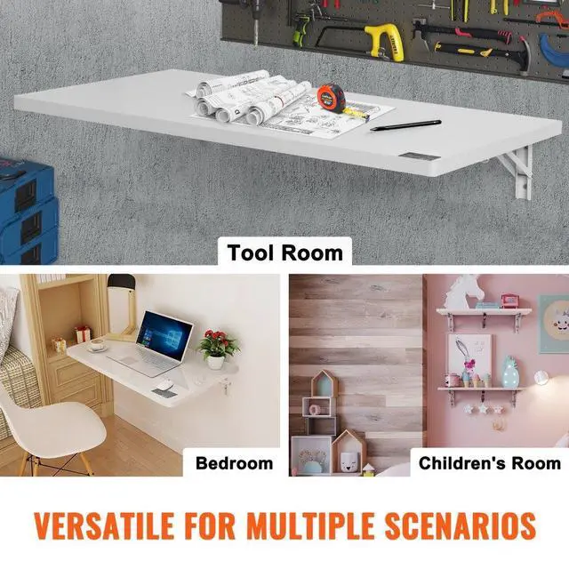 Alt view image 6 of 7 - VEVOR  Wall Mounted Folding Table, 35.43" x 19.69" Wall Mount Drop Leaf Table, Floating Desk with Iron Bracket, Fold Down Desk for Small Spaces, Home Office, Dining, Laundry Room, Kitchen, Bar, White
