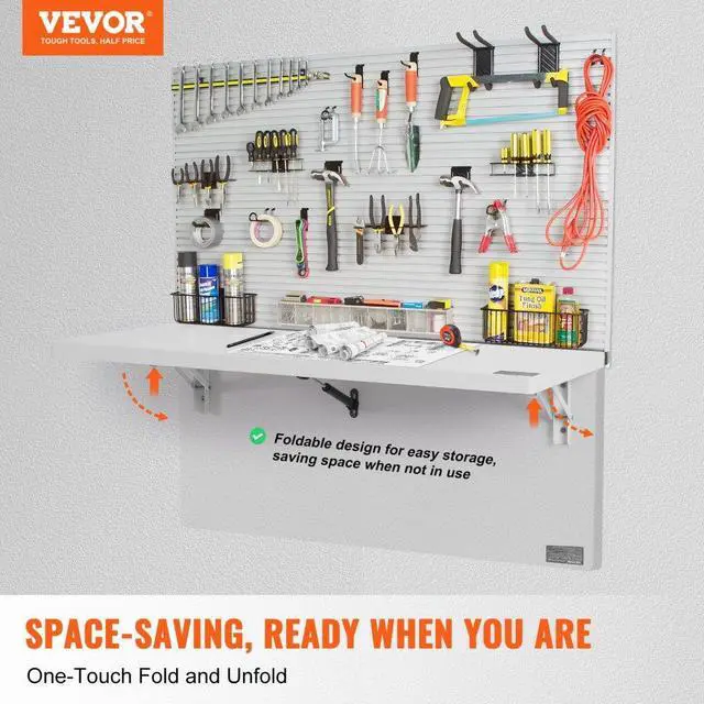 Alt view image 2 of 7 - VEVOR  Wall Mounted Folding Table, 31.5" x 15.75" Wall Mount Drop Leaf Table, Floating Desk with Iron Bracket, Fold Down Desk for Small Spaces, Home Office, Dining, Laundry Room, Kitchen, Bar, White