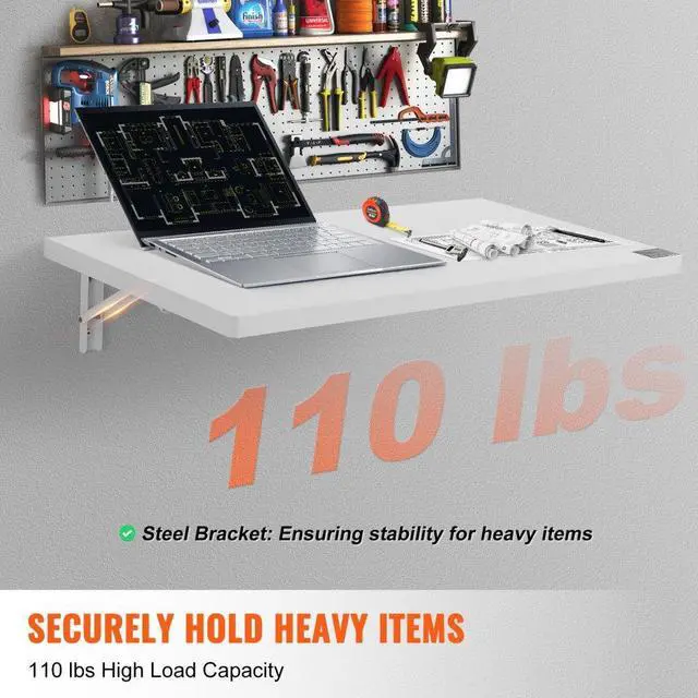 Alt view image 3 of 7 - VEVOR  Wall Mounted Folding Table, 31.5" x 15.75" Wall Mount Drop Leaf Table, Floating Desk with Iron Bracket, Fold Down Desk for Small Spaces, Home Office, Dining, Laundry Room, Kitchen, Bar, White