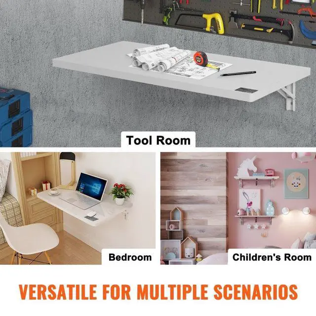 Alt view image 6 of 7 - VEVOR  Wall Mounted Folding Table, 31.5" x 15.75" Wall Mount Drop Leaf Table, Floating Desk with Iron Bracket, Fold Down Desk for Small Spaces, Home Office, Dining, Laundry Room, Kitchen, Bar, White