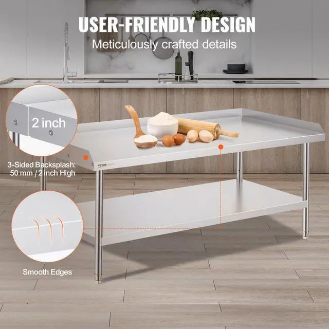 Alt view image 4 of 7 - VEVOR  Stainless Steel Work Table, 30 x 60 x 26 Inch Commercial Food Prep Worktable, 3-Sided Backsplash Heavy Duty Prep Worktable, Metal Work Table with Adjustable Height for Restaurant Home Hotel