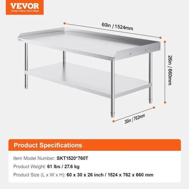 Alt view image 7 of 7 - VEVOR  Stainless Steel Work Table, 30 x 60 x 26 Inch Commercial Food Prep Worktable, 3-Sided Backsplash Heavy Duty Prep Worktable, Metal Work Table with Adjustable Height for Restaurant Home Hotel