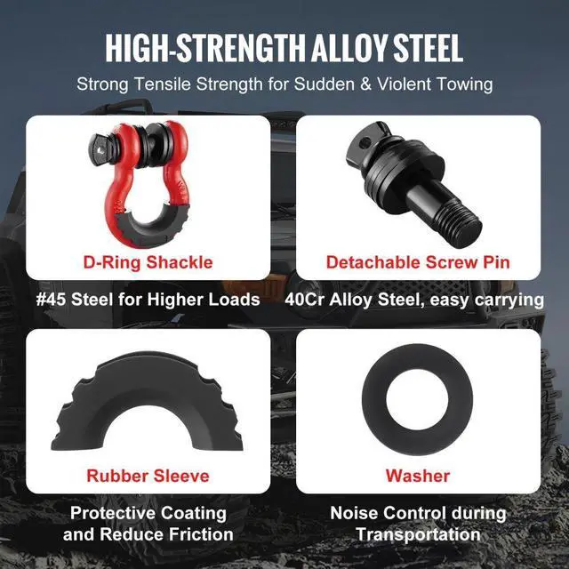 Alt view image 3 of 7 - VEVOR 3/4" D-Ring Shackle, 2 Pack Alloy Steel Shackles 62832 lbs (28.5 Ton) Break Strength with 7/8" Screw Pin, Isolators & Washers, Heavy Duty Off Road Vehicle Recovery Shackle for Jeep Truck, Red