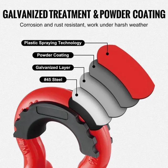 Alt view image 4 of 7 - VEVOR 3/4" D-Ring Shackle, 2 Pack Alloy Steel Shackles 62832 lbs (28.5 Ton) Break Strength with 7/8" Screw Pin, Isolators & Washers, Heavy Duty Off Road Vehicle Recovery Shackle for Jeep Truck, Red