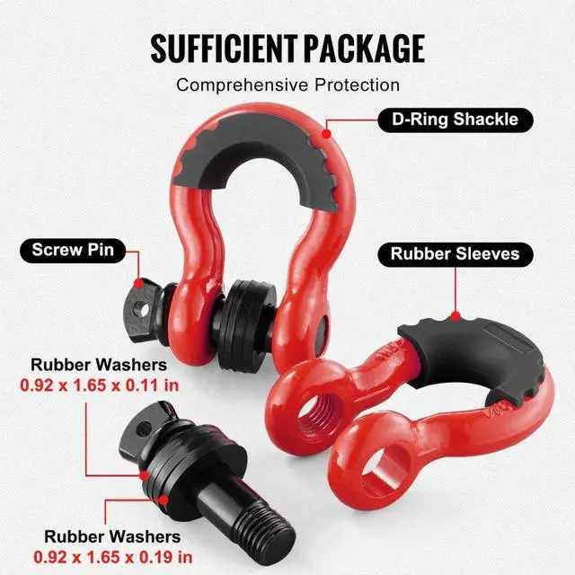 Alt view image 5 of 7 - VEVOR 3/4" D-Ring Shackle, 2 Pack Alloy Steel Shackles 62832 lbs (28.5 Ton) Break Strength with 7/8" Screw Pin, Isolators & Washers, Heavy Duty Off Road Vehicle Recovery Shackle for Jeep Truck, Red