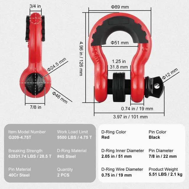Alt view image 7 of 7 - VEVOR 3/4" D-Ring Shackle, 2 Pack Alloy Steel Shackles 62832 lbs (28.5 Ton) Break Strength with 7/8" Screw Pin, Isolators & Washers, Heavy Duty Off Road Vehicle Recovery Shackle for Jeep Truck, Red