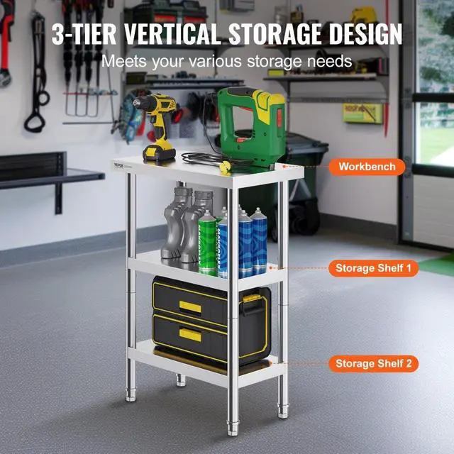 Alt view image 4 of 7 - VEVOR Stainless Steel Food Prep Table, 14 x 24 x 34 Inch Commercial Kitchen Worktable, with 2 Adjustable Undershelf, Heavy Duty Prep Table Metal Work Table for BBQ, Kitchen, Home, and Garage