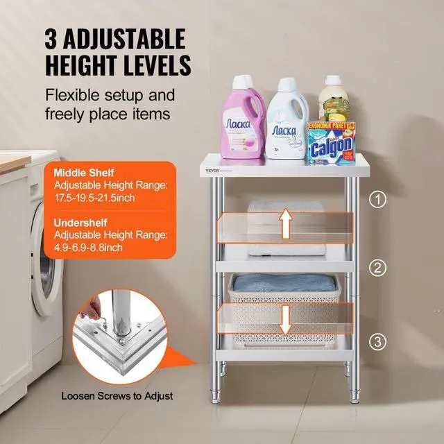 Alt view image 5 of 7 - VEVOR Stainless Steel Food Prep Table, 14 x 24 x 34 Inch Commercial Kitchen Worktable, with 2 Adjustable Undershelf, Heavy Duty Prep Table Metal Work Table for BBQ, Kitchen, Home, and Garage