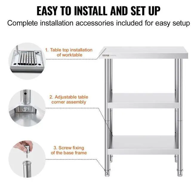 Alt view image 6 of 7 - VEVOR Stainless Steel Food Prep Table, 14 x 24 x 34 Inch Commercial Kitchen Worktable, with 2 Adjustable Undershelf, Heavy Duty Prep Table Metal Work Table for BBQ, Kitchen, Home, and Garage