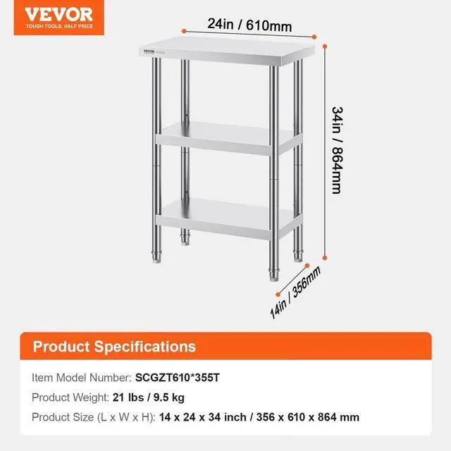 Alt view image 7 of 7 - VEVOR Stainless Steel Food Prep Table, 14 x 24 x 34 Inch Commercial Kitchen Worktable, with 2 Adjustable Undershelf, Heavy Duty Prep Table Metal Work Table for BBQ, Kitchen, Home, and Garage