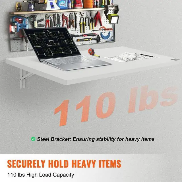 Alt view image 3 of 7 - VEVOR  Wall Mounted Folding Table, 39.37" x 19.69" Wall Mount Drop Leaf Table, Floating Desk with Iron Bracket, Fold Down Desk for Small Spaces, Home Office, Dining, Laundry Room, Kitchen, Bar, White