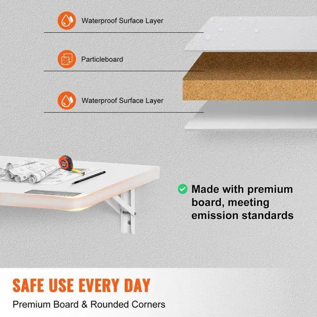 Alt view image 5 of 7 - VEVOR  Wall Mounted Folding Table, 39.37" x 19.69" Wall Mount Drop Leaf Table, Floating Desk with Iron Bracket, Fold Down Desk for Small Spaces, Home Office, Dining, Laundry Room, Kitchen, Bar, White