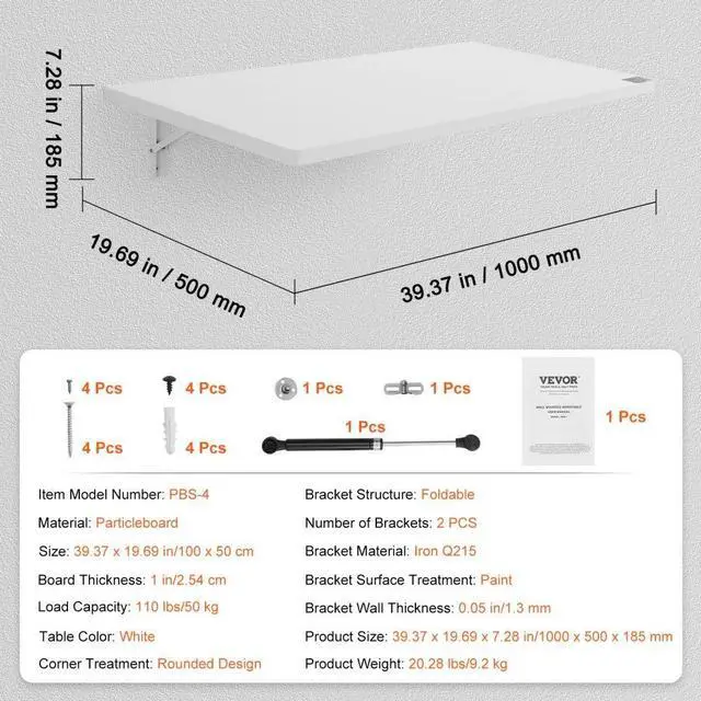 Alt view image 7 of 7 - VEVOR  Wall Mounted Folding Table, 39.37" x 19.69" Wall Mount Drop Leaf Table, Floating Desk with Iron Bracket, Fold Down Desk for Small Spaces, Home Office, Dining, Laundry Room, Kitchen, Bar, White