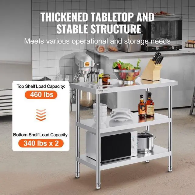Alt view image 3 of 7 - VEVOR Stainless Steel Food Prep Table, 18 x 36 x 34 Inch Commercial Kitchen Worktable, with 2 Adjustable Undershelf, Heavy Duty Prep Table Metal Work Table for BBQ, Kitchen, Home, and Garage