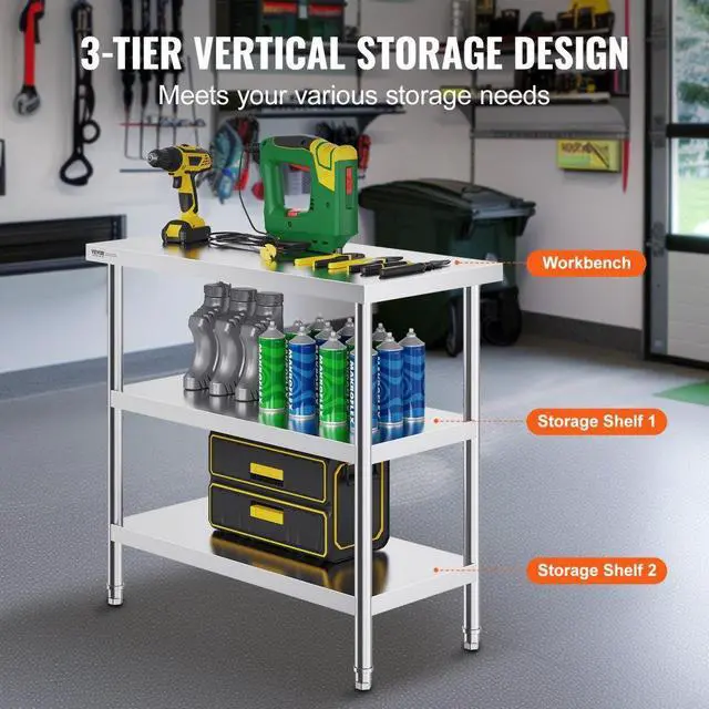 Alt view image 4 of 7 - VEVOR Stainless Steel Food Prep Table, 18 x 36 x 34 Inch Commercial Kitchen Worktable, with 2 Adjustable Undershelf, Heavy Duty Prep Table Metal Work Table for BBQ, Kitchen, Home, and Garage