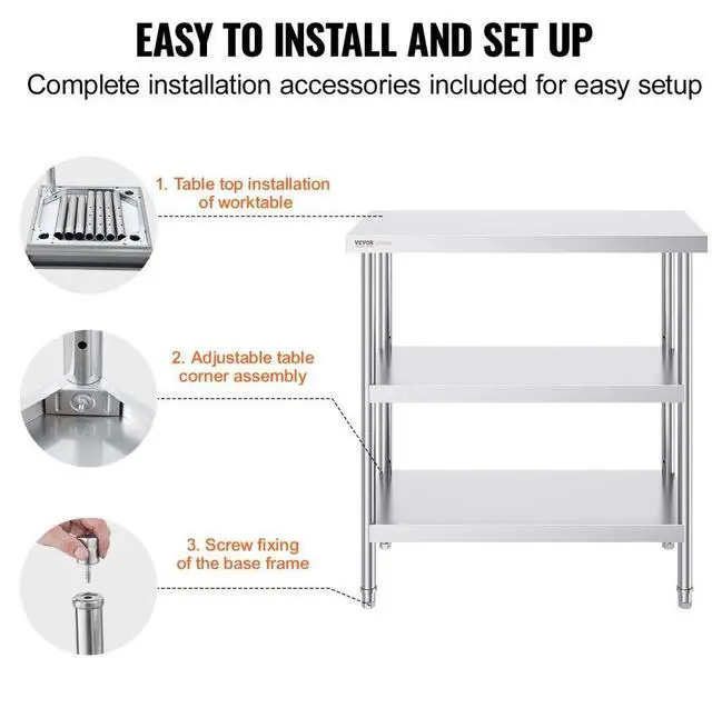 Alt view image 6 of 7 - VEVOR Stainless Steel Food Prep Table, 18 x 36 x 34 Inch Commercial Kitchen Worktable, with 2 Adjustable Undershelf, Heavy Duty Prep Table Metal Work Table for BBQ, Kitchen, Home, and Garage