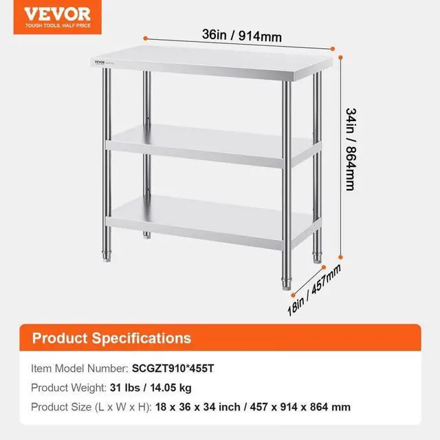 Alt view image 7 of 7 - VEVOR Stainless Steel Food Prep Table, 18 x 36 x 34 Inch Commercial Kitchen Worktable, with 2 Adjustable Undershelf, Heavy Duty Prep Table Metal Work Table for BBQ, Kitchen, Home, and Garage