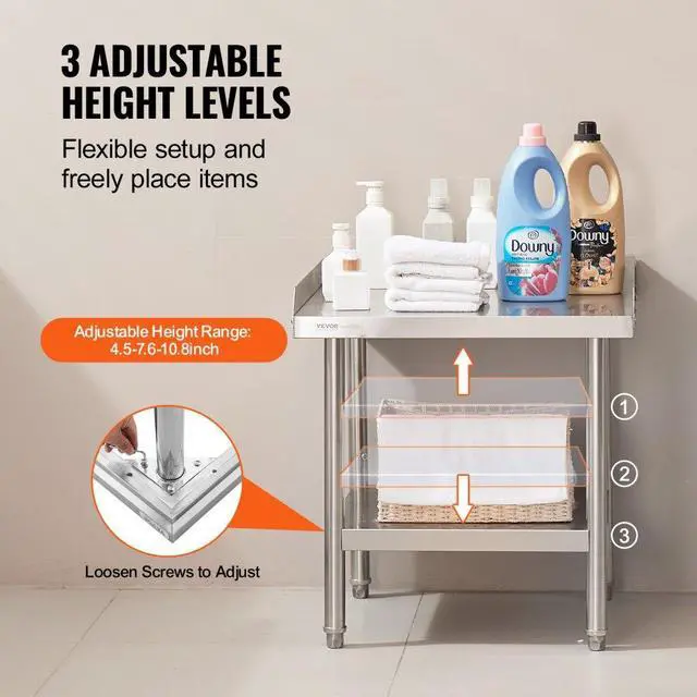 Alt view image 5 of 7 - VEVOR Stainless Steel Work Table, 24 x 24 x 26 Inch Commercial Food Prep Worktable, 3-Sided Backsplash Heavy Duty Prep Worktable, Metal Work Table with Adjustable Height for Restaurant Home Hotel