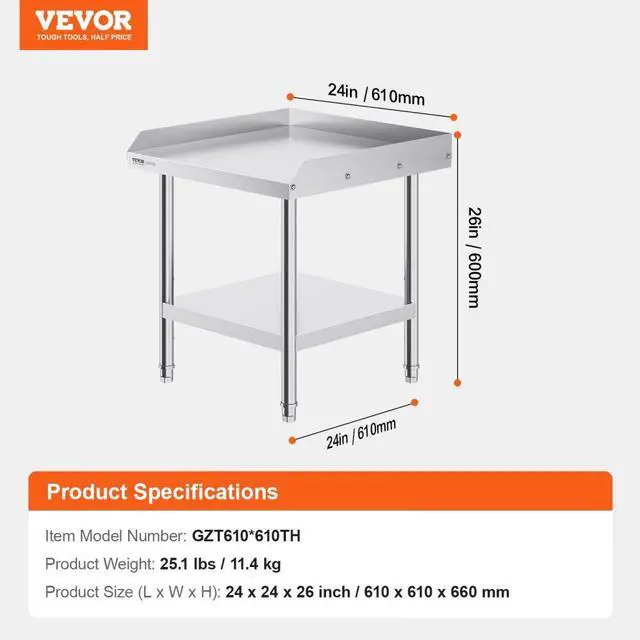 Alt view image 7 of 7 - VEVOR Stainless Steel Work Table, 24 x 24 x 26 Inch Commercial Food Prep Worktable, 3-Sided Backsplash Heavy Duty Prep Worktable, Metal Work Table with Adjustable Height for Restaurant Home Hotel