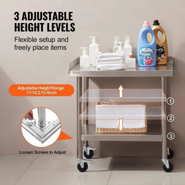 Alt view image 5 of 7 - VEVOR Stainless Steel Work Table, 24 x 28 x 30 Inch Commercial Food Prep Worktable with 4 Wheels, Casters, 3-Sided Backsplash Heavy Duty Prep Worktable, Metal Work Table for Restaurant Home Hotel