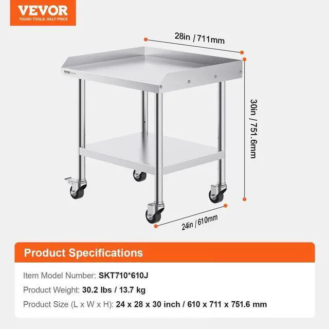 Alt view image 7 of 7 - VEVOR Stainless Steel Work Table, 24 x 28 x 30 Inch Commercial Food Prep Worktable with 4 Wheels, Casters, 3-Sided Backsplash Heavy Duty Prep Worktable, Metal Work Table for Restaurant Home Hotel