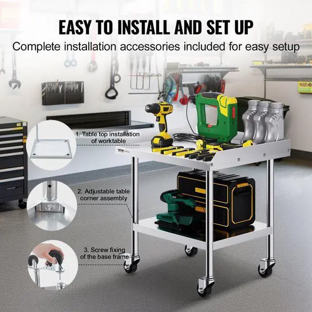 Alt view image 6 of 7 - VEVOR Stainless Steel Work Table, 24 x 28 x 30 Inch Commercial Food Prep Worktable with 4 Wheels, Casters, 3-Sided Backsplash Heavy Duty Prep Worktable, Metal Work Table for Restaurant Home Hotel