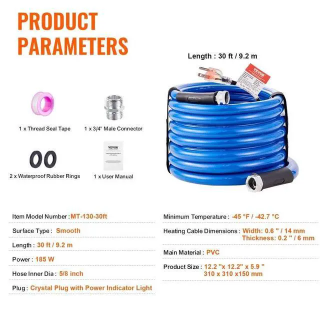 Alt view image 7 of 14 - VEVOR 30ft Heated Water Hose for RV, Heated Drinking Water Hose Antifreeze to -45°F, Automatic Self-regulating, 5/8" I.D. with 3/4" GHT Adapter, Lead and BPA Free