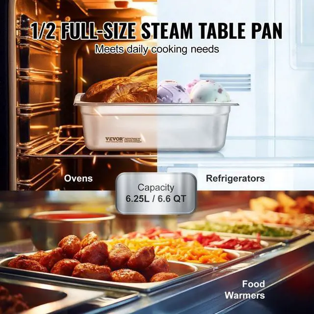 Alt view image 3 of 14 - VEVOR 8 Pack Hotel Pans, 1/2 Size Anti-Jam Steam Pan with Lid, 0.8mm Thick Stainless Steel Steam Table Pan, 4-Inch Deep Commercial Table Pan, Catering Storage Food Pan, for Industrial & Scientific