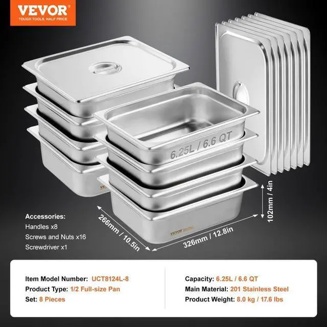 Alt view image 7 of 14 - VEVOR 8 Pack Hotel Pans, 1/2 Size Anti-Jam Steam Pan with Lid, 0.8mm Thick Stainless Steel Steam Table Pan, 4-Inch Deep Commercial Table Pan, Catering Storage Food Pan, for Industrial & Scientific