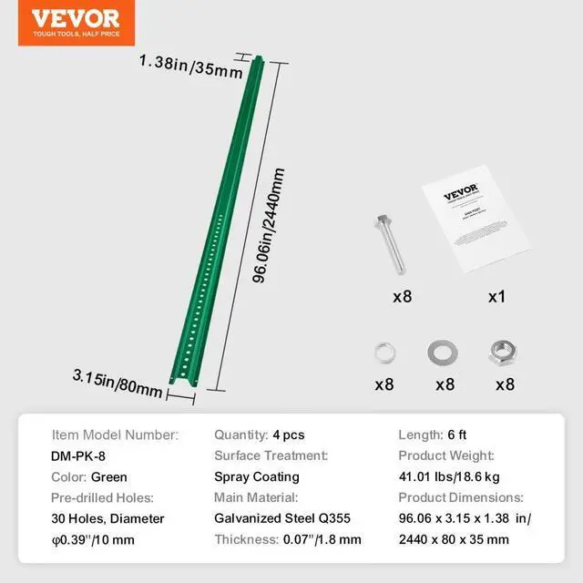 Alt view image 7 of 7 - VEVOR 8FT U-Channel Sign Post, 4Pack Green Heavy Duty Steel Fixed Fence Post, Steel Fence U-Channel Sign for Garden, Courtyard, Farm or Traffic Intersection