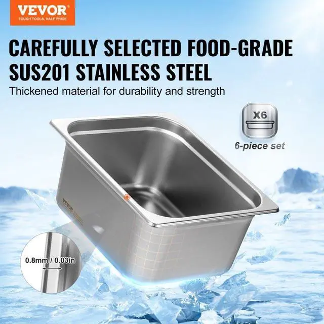 Alt view image 2 of 7 - VEVOR 6 Pack Hotel Pans, 1/2 Size Anti-Jam Steam Pan, 0.8mm Thick Stainless Steel Restaurant Steam Table Pan, 6-Inch Deep Commercial Table Pan, Catering Storage Food Pan, for Industrial & Scientific