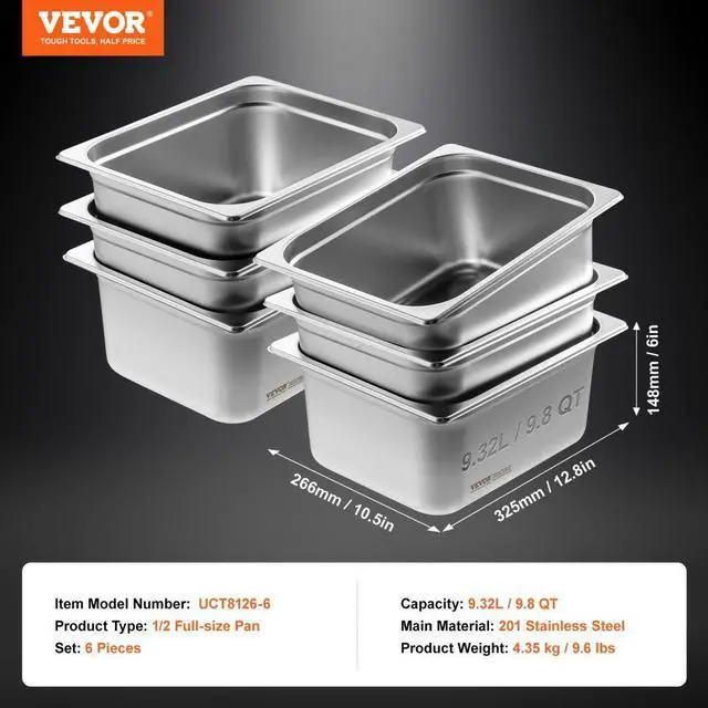 Alt view image 7 of 7 - VEVOR 6 Pack Hotel Pans, 1/2 Size Anti-Jam Steam Pan, 0.8mm Thick Stainless Steel Restaurant Steam Table Pan, 6-Inch Deep Commercial Table Pan, Catering Storage Food Pan, for Industrial & Scientific