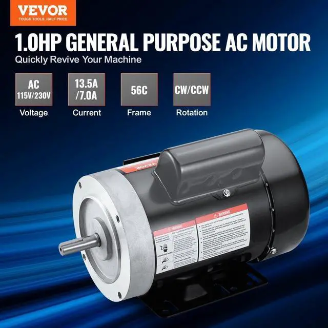 Alt view image 2 of 7 - VEVOR 1HP Electric Motor 3450 rpm, AC 115V/230V, 56C Frame, Air Compressor Motor Single Phase, 5/8" Keyed Shaft, CW/CCW Rotation for Agricultural Machinery and General Equipment