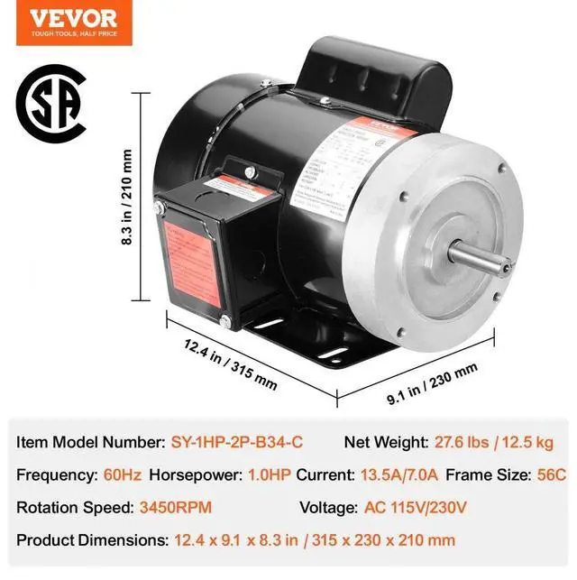 Alt view image 7 of 7 - VEVOR 1HP Electric Motor 3450 rpm, AC 115V/230V, 56C Frame, Air Compressor Motor Single Phase, 5/8" Keyed Shaft, CW/CCW Rotation for Agricultural Machinery and General Equipment