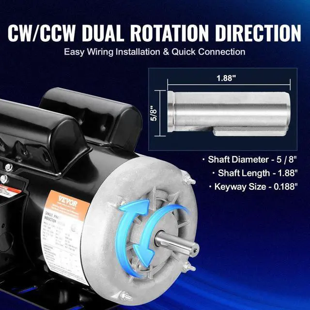 Alt view image 5 of 8 - Vevor 1.5Hp Electric Motor 3450 Rpm, Ac 115V/230V, 56 Frame, Air Compressor Motor Single Phase, 5/8" Keyed Shaft, Cw/Ccw Rotation For Agricultural Machinery And General Equipment