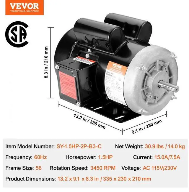 Alt view image 8 of 8 - Vevor 1.5Hp Electric Motor 3450 Rpm, Ac 115V/230V, 56 Frame, Air Compressor Motor Single Phase, 5/8" Keyed Shaft, Cw/Ccw Rotation For Agricultural Machinery And General Equipment