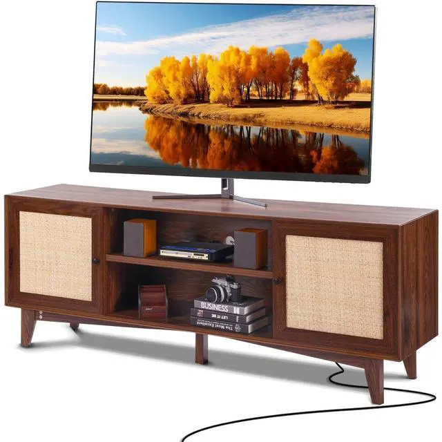 Main image of VEVOR  Rattan TV Stand for 75in TV, Boho TV Stand with Rattan Door, Entertainment Center with Build-in Socket, Storage Cabinet with 2 Shelves, Modern TV Console for Living Room, Media Room, Walnut