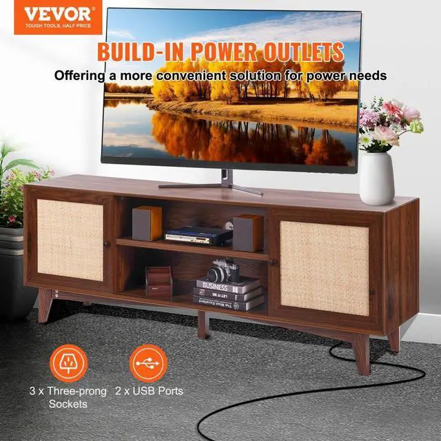 Alt view image 2 of 7 - VEVOR  Rattan TV Stand for 75in TV, Boho TV Stand with Rattan Door, Entertainment Center with Build-in Socket, Storage Cabinet with 2 Shelves, Modern TV Console for Living Room, Media Room, Walnut