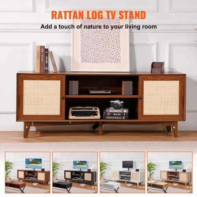 Alt view image 3 of 7 - VEVOR  Rattan TV Stand for 75in TV, Boho TV Stand with Rattan Door, Entertainment Center with Build-in Socket, Storage Cabinet with 2 Shelves, Modern TV Console for Living Room, Media Room, Walnut