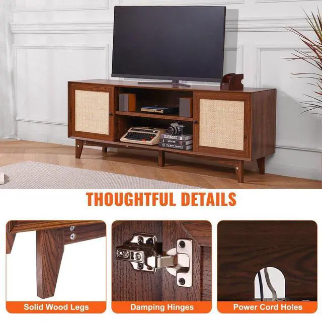 Alt view image 6 of 7 - VEVOR  Rattan TV Stand for 75in TV, Boho TV Stand with Rattan Door, Entertainment Center with Build-in Socket, Storage Cabinet with 2 Shelves, Modern TV Console for Living Room, Media Room, Walnut