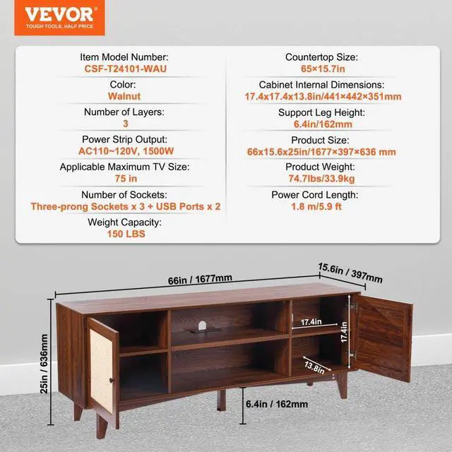 Alt view image 7 of 7 - VEVOR  Rattan TV Stand for 75in TV, Boho TV Stand with Rattan Door, Entertainment Center with Build-in Socket, Storage Cabinet with 2 Shelves, Modern TV Console for Living Room, Media Room, Walnut