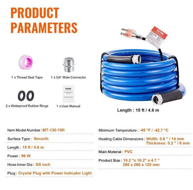 Alt view image 7 of 14 - VEVOR 15ft Heated Water Hose for RV, Heated Drinking Water Hose Antifreeze to -45°F, Automatic Self-regulating, 5/8" I.D. with 3/4" GHT Adapter, Lead and BPA Free