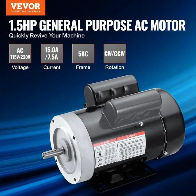 Alt view image 2 of 7 - VEVOR 1.5HP Electric Motor 3450 rpm, AC 115V/230V, 56C Frame, Air Compressor Motor Single Phase, 5/8" Keyed Shaft, CW/CCW Rotation for Agricultural Machinery and General Equipment