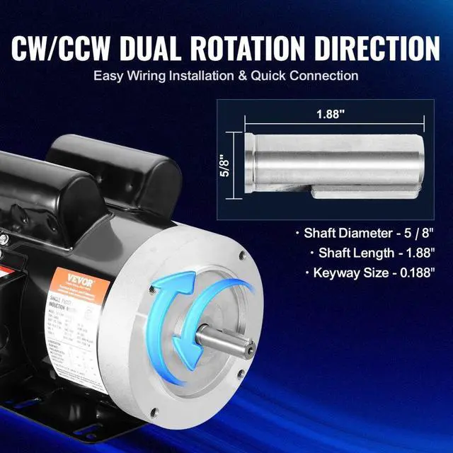 Alt view image 4 of 7 - VEVOR 1.5HP Electric Motor 3450 rpm, AC 115V/230V, 56C Frame, Air Compressor Motor Single Phase, 5/8" Keyed Shaft, CW/CCW Rotation for Agricultural Machinery and General Equipment