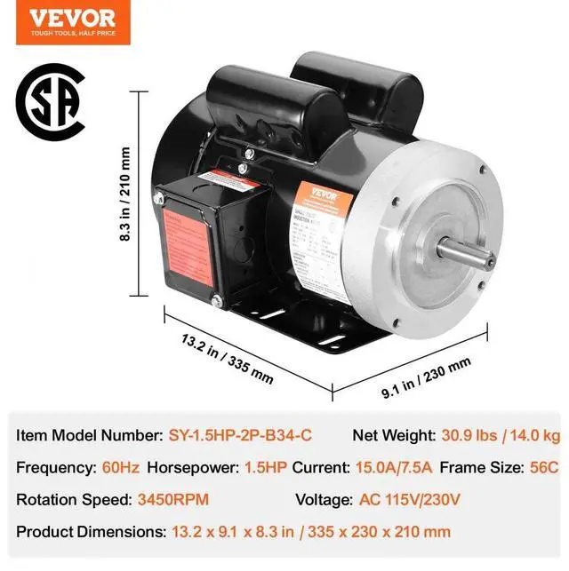 Alt view image 7 of 7 - VEVOR 1.5HP Electric Motor 3450 rpm, AC 115V/230V, 56C Frame, Air Compressor Motor Single Phase, 5/8" Keyed Shaft, CW/CCW Rotation for Agricultural Machinery and General Equipment