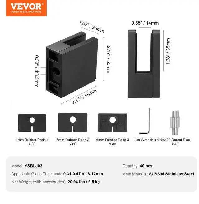 Alt view image 7 of 7 - VEVOR  Glass Clamp, 40 PCS Square Glass Railing Bracket for 0.31 "-0.47 " Tempered Glass, 304 Stainless Steel Glass Mounting Clamp, Glass Shelf Bracket for Balcony, Garden, Deck, Stair, Black
