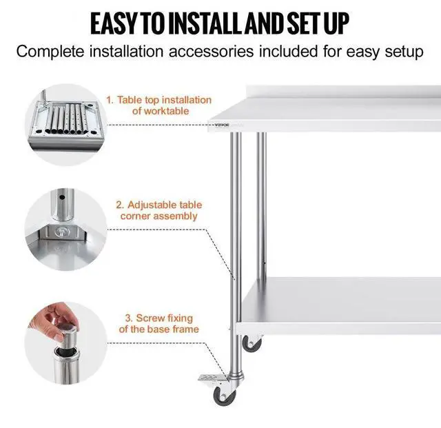 Alt view image 6 of 14 - VEVOR  24 x 60 x 40 Inch Stainless Steel Work Table, Commercial Food Prep Worktable with Casters, Heavy Duty Prep Worktable, Metal Work Table with Adjustable Height for Restaurant, Home and Hotel