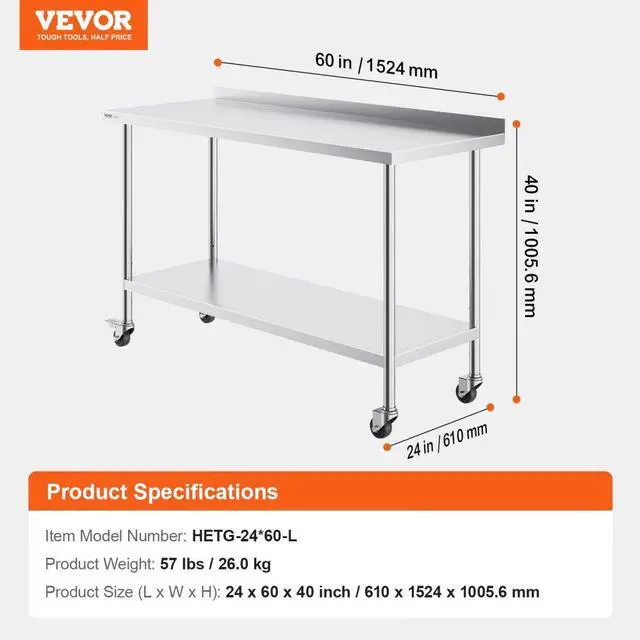 Alt view image 7 of 14 - VEVOR  24 x 60 x 40 Inch Stainless Steel Work Table, Commercial Food Prep Worktable with Casters, Heavy Duty Prep Worktable, Metal Work Table with Adjustable Height for Restaurant, Home and Hotel